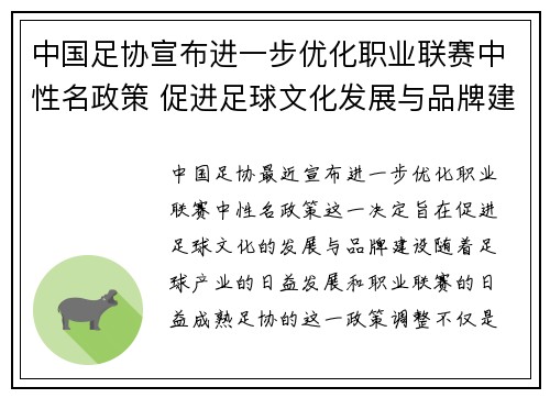 中国足协宣布进一步优化职业联赛中性名政策 促进足球文化发展与品牌建设 中国足协宣布进一步优化职业联赛中性名政策 促进足球文化发展与品牌建设