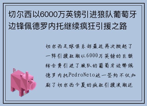 切尔西以6000万英镑引进狼队葡萄牙边锋佩德罗内托继续疯狂引援之路